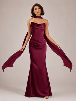KoKodress Strapless Satin Maxi Dress with Scarf Cape for Formal