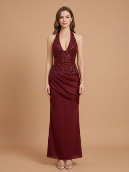 KoKodress Beaded Halter Deep V Draped Maxi Dress for Formal