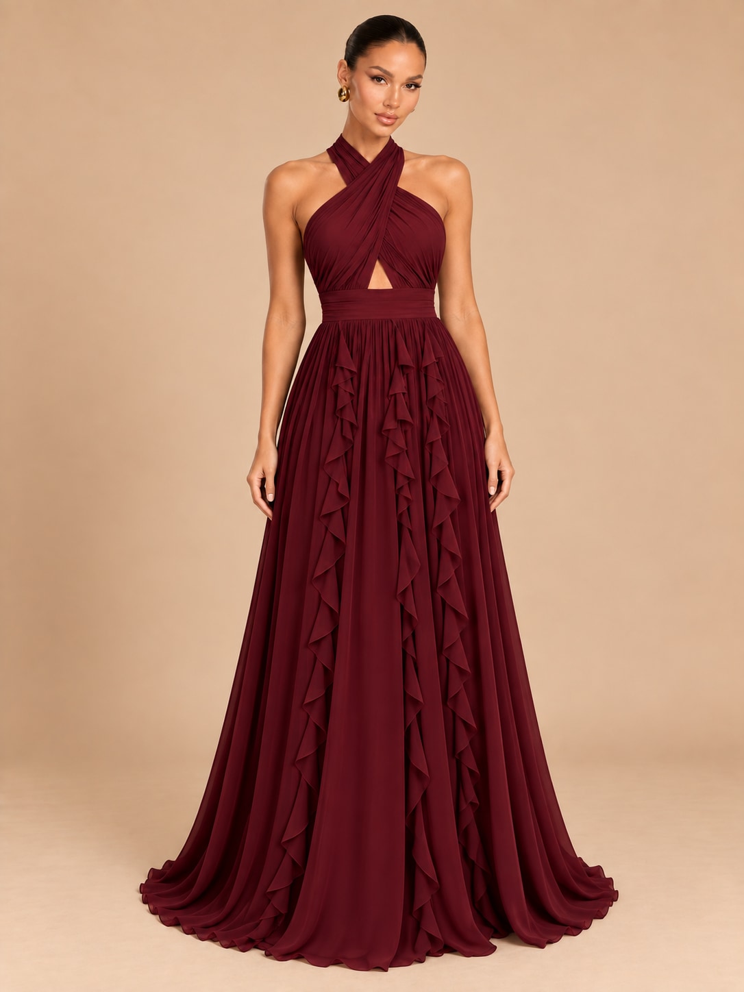Wine Red Halter Ruffle Maxi Dress for Wedding & Formal
