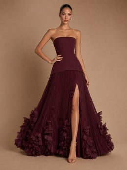 KoKodress Elegant Strapless Pleated Floral Maxi Dress for Weddings & Galas