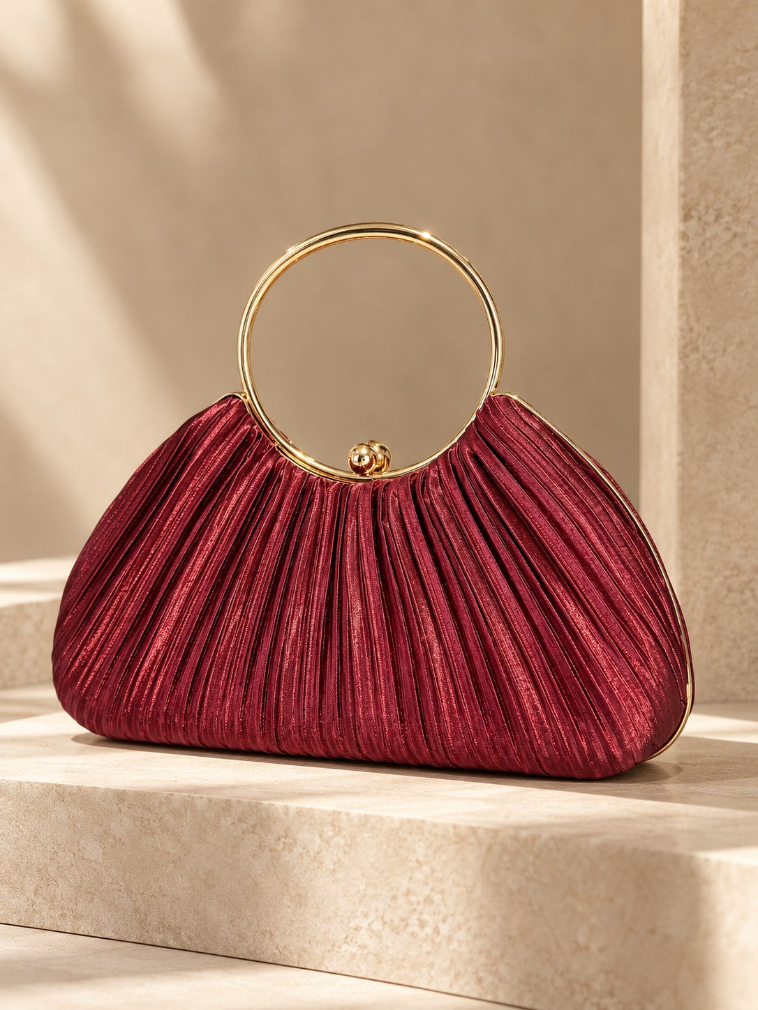 Wine Red Elegant Pleated Satin Round Ring Handle Clutch