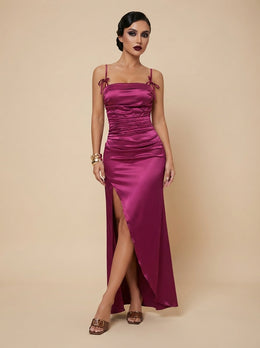 KoKodress Satin Tie-Strap Ruched Slit Maxi Dress for Formal Events