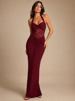 KoKodress Burgundy Halter Ruched Lace Waist Maxi Dress for Wedding Guest