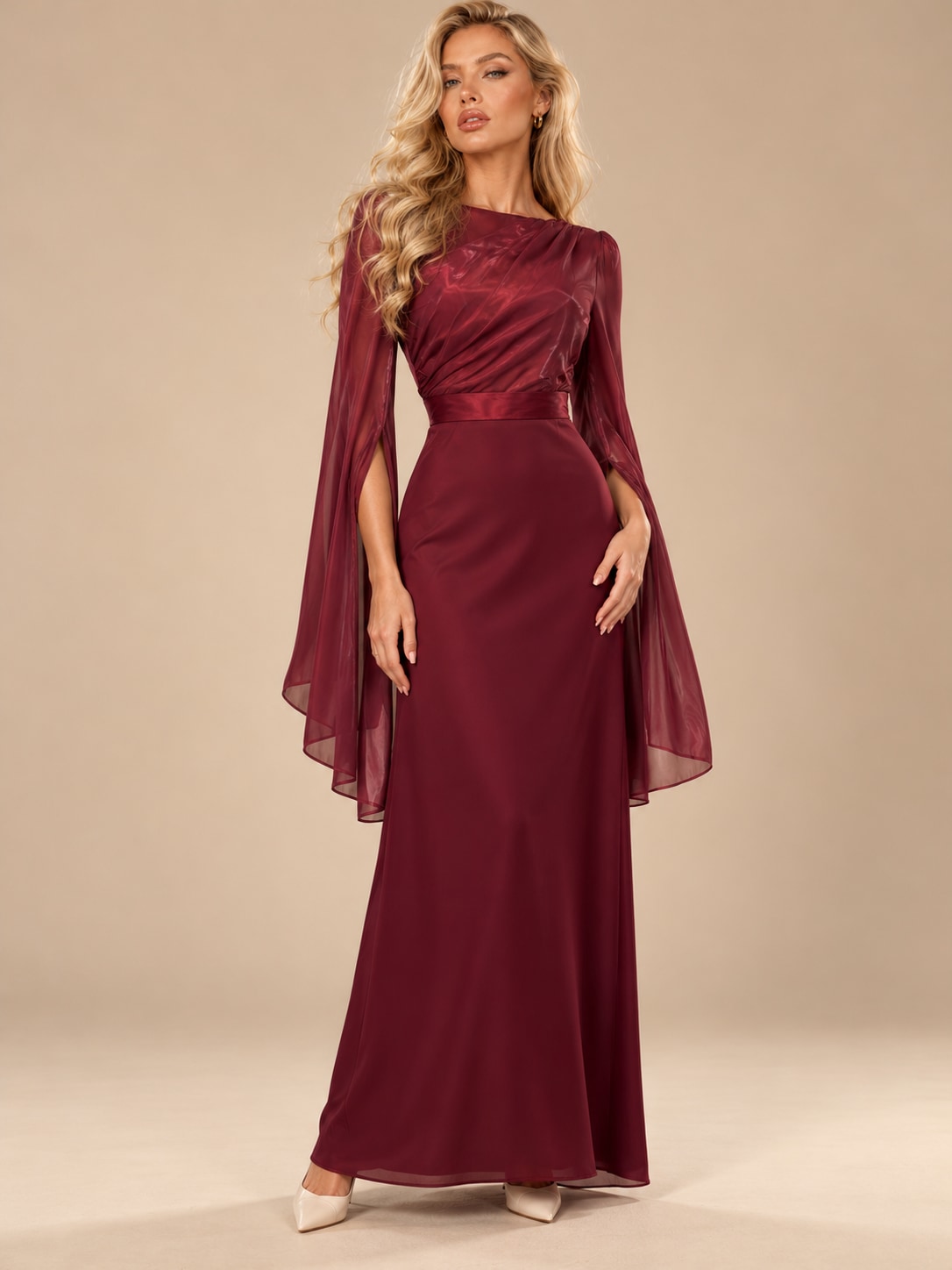Wine Red Satin Cape Sleeve Maxi Dress for Weddings & Gala