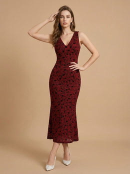 KoKodress V-Neck Floral Lace Sleeveless Midi Dress for Formal Occasions