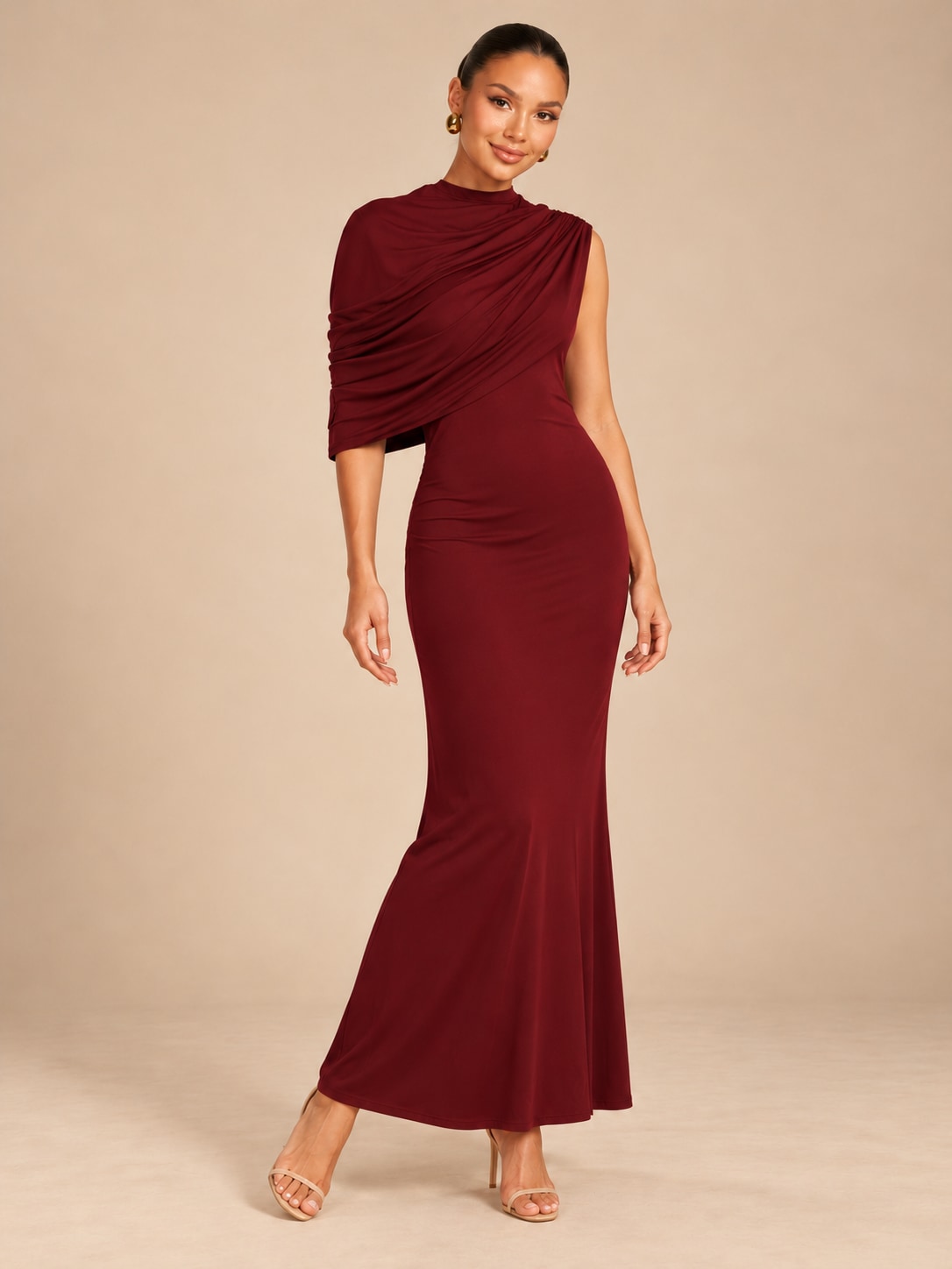 Wine Red One-Shoulder Ruched Maxi Dress for Evening & Party