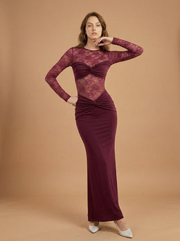 KoKodress Burgundy Sheer Lace Twist-Front Long Sleeve Maxi Dress for Gala