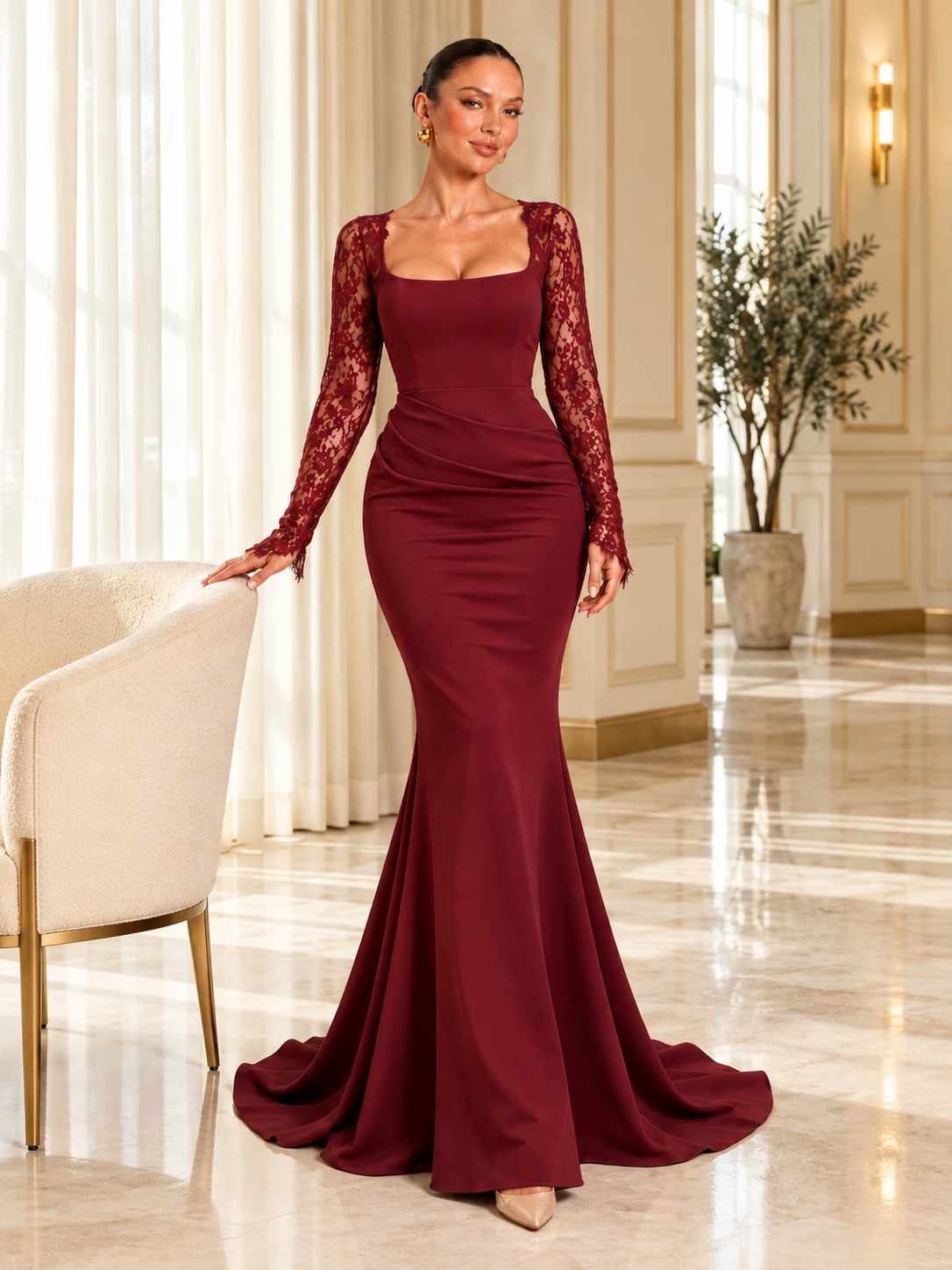 Wine Red Lace Sleeve Mermaid Gown for Formal & Wedding
