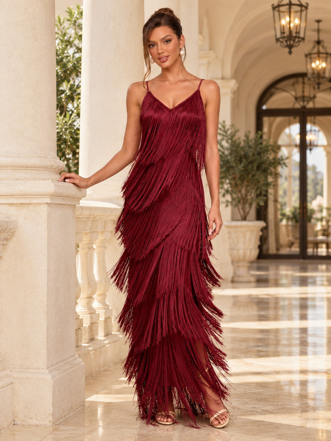 Wine Red Fringe Maxi Dress for Party & Evening