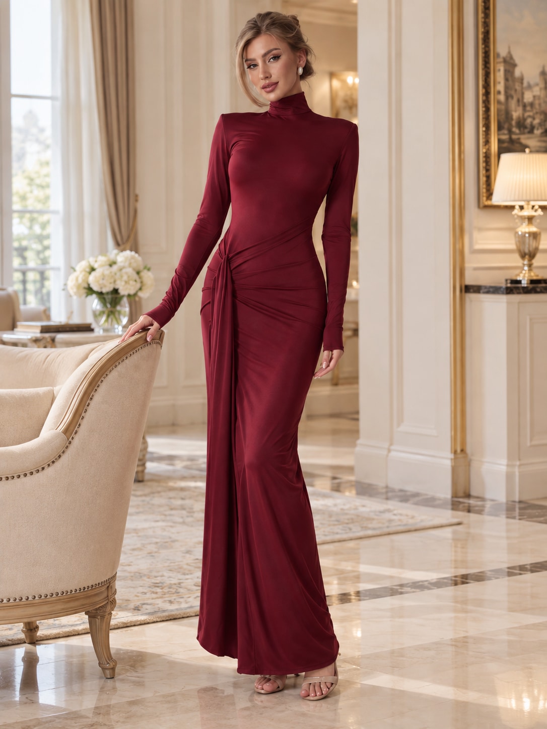 Wine Red Mock Neck Ruched Maxi Dress for Formal Events