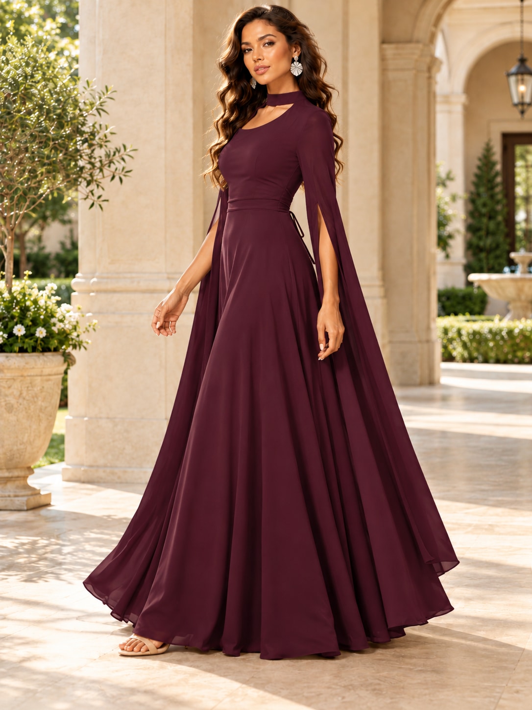 Wine Red Cape Sleeve Cutout Maxi Dress for Formal Parties