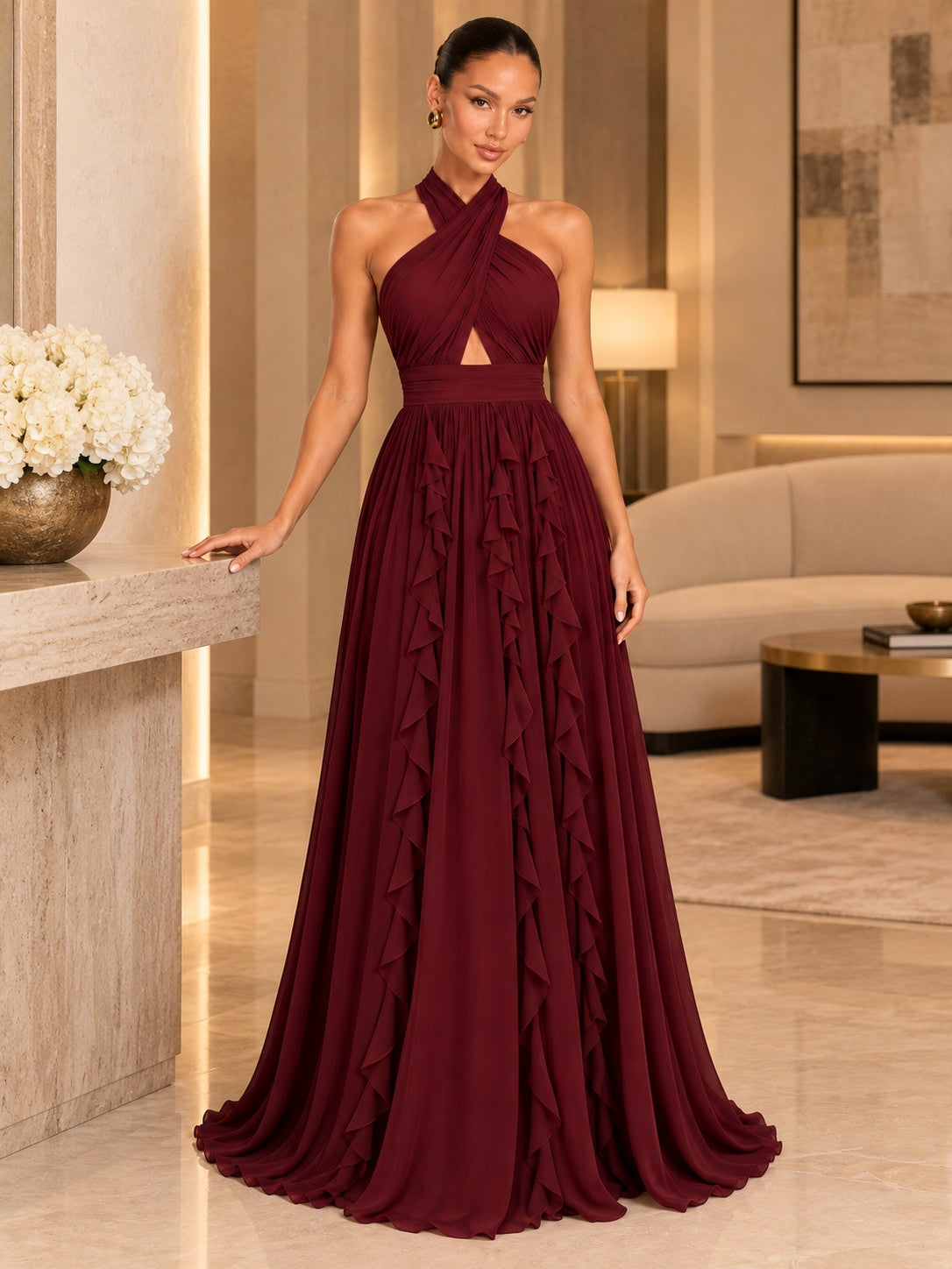 Wine Red Halter Ruffle Maxi Dress for Wedding & Formal