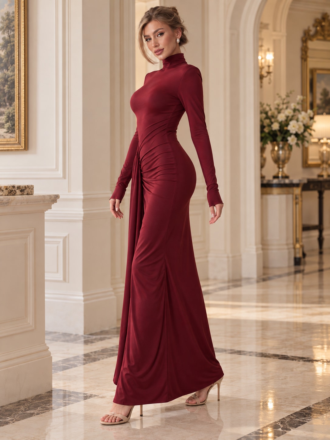 Wine Red Mock Neck Ruched Maxi Dress for Formal Events