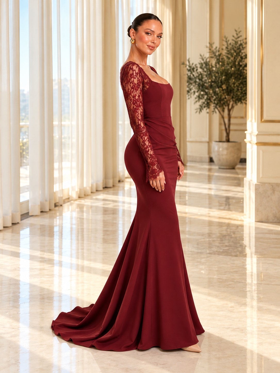 Wine Red Lace Sleeve Mermaid Gown for Formal & Wedding