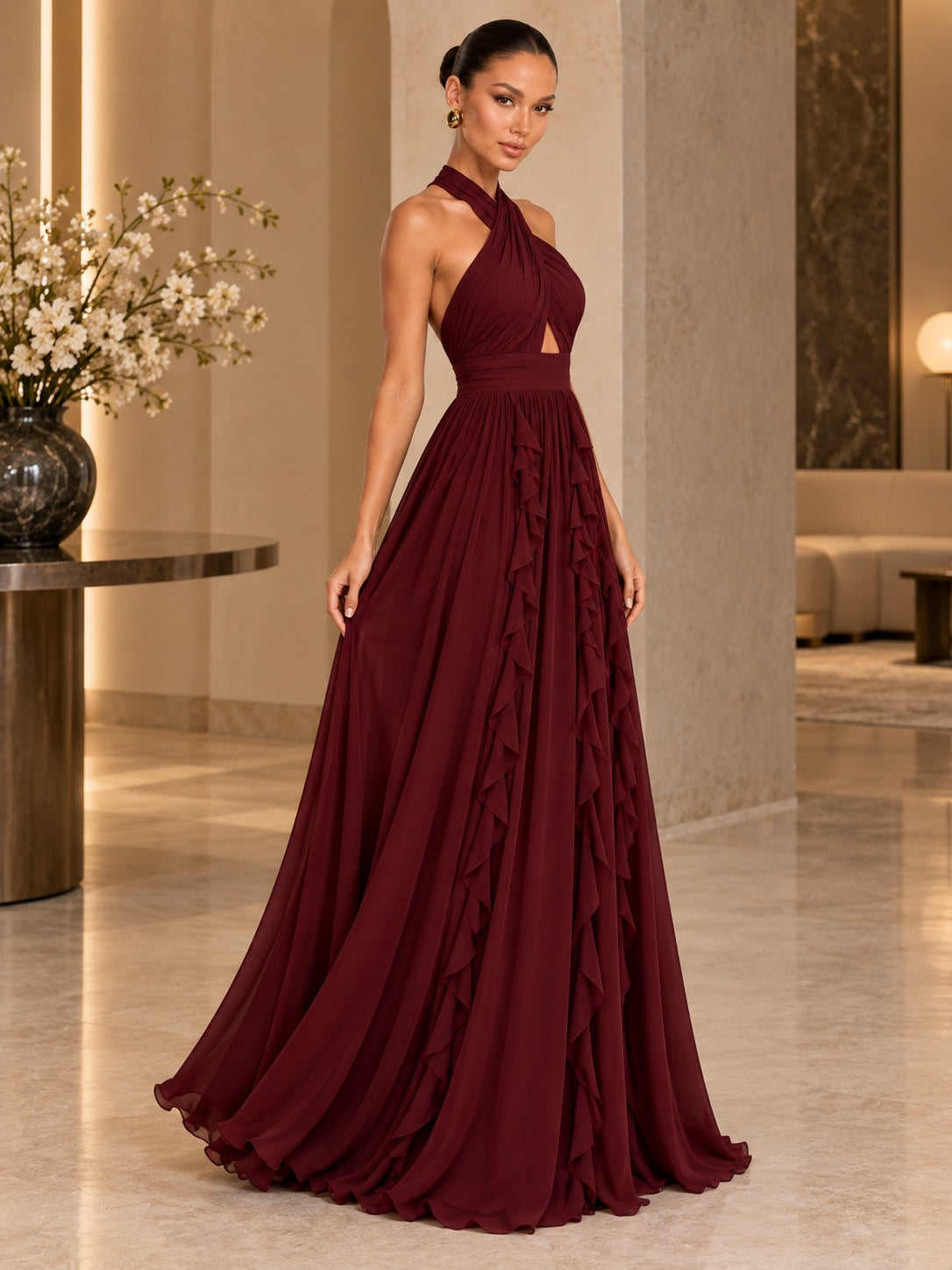 Wine Red Halter Ruffle Maxi Dress for Wedding & Formal
