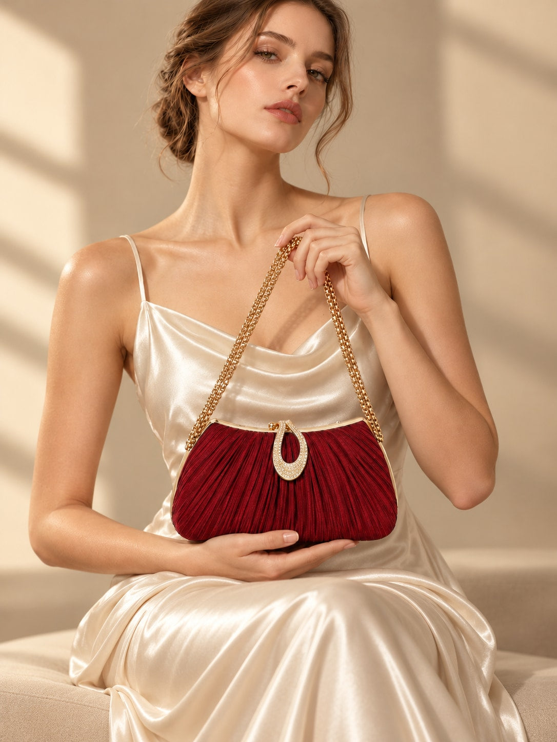 Wine Red Elegant ruffled satin evening clutch bag