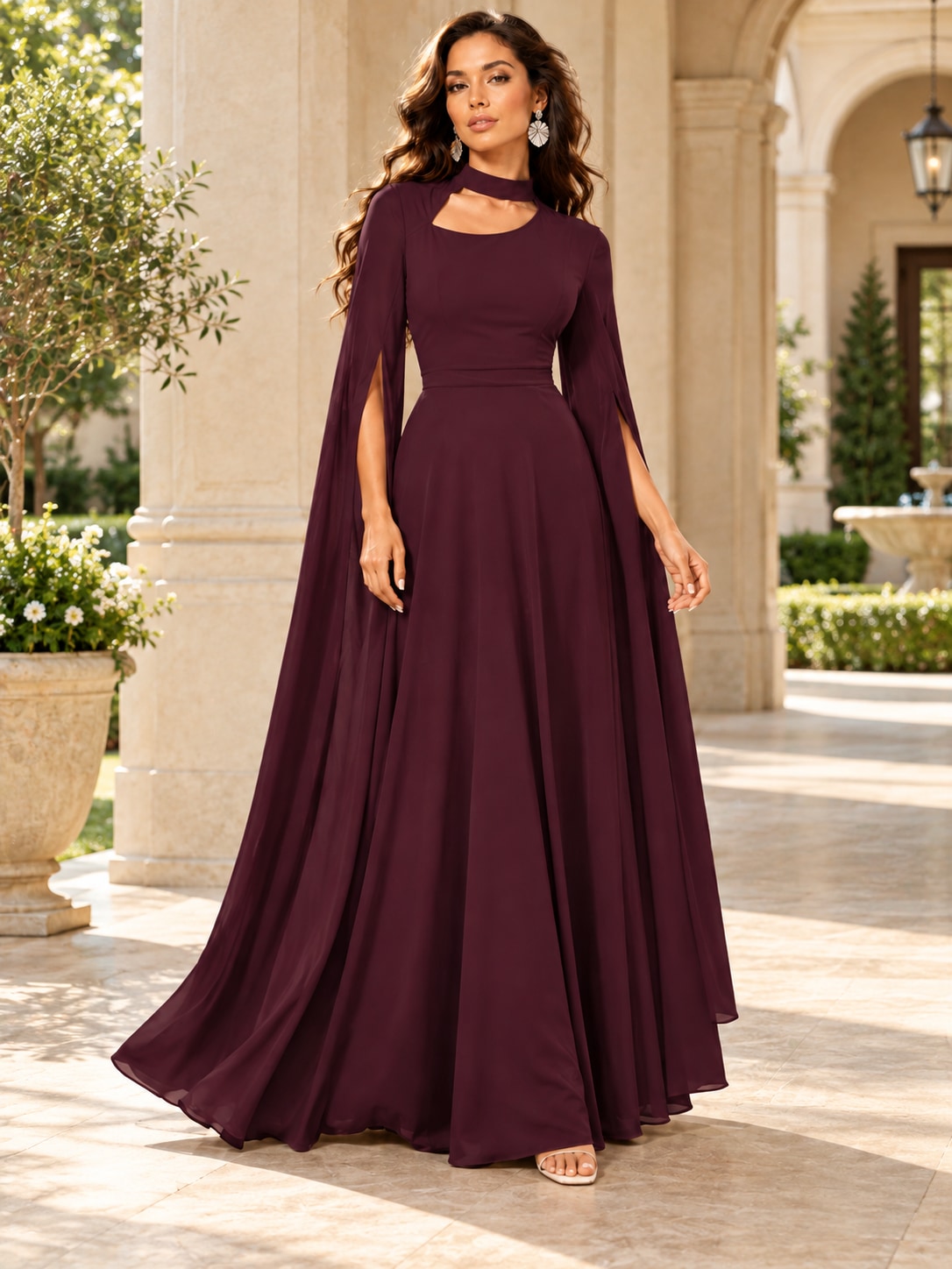 Wine Red Cape Sleeve Cutout Maxi Dress for Formal Parties