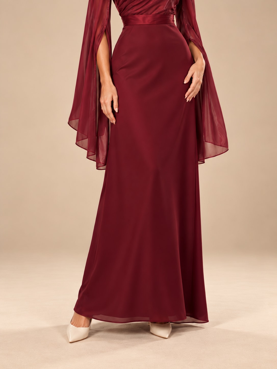 Wine Red Satin Cape Sleeve Maxi Dress for Weddings & Gala