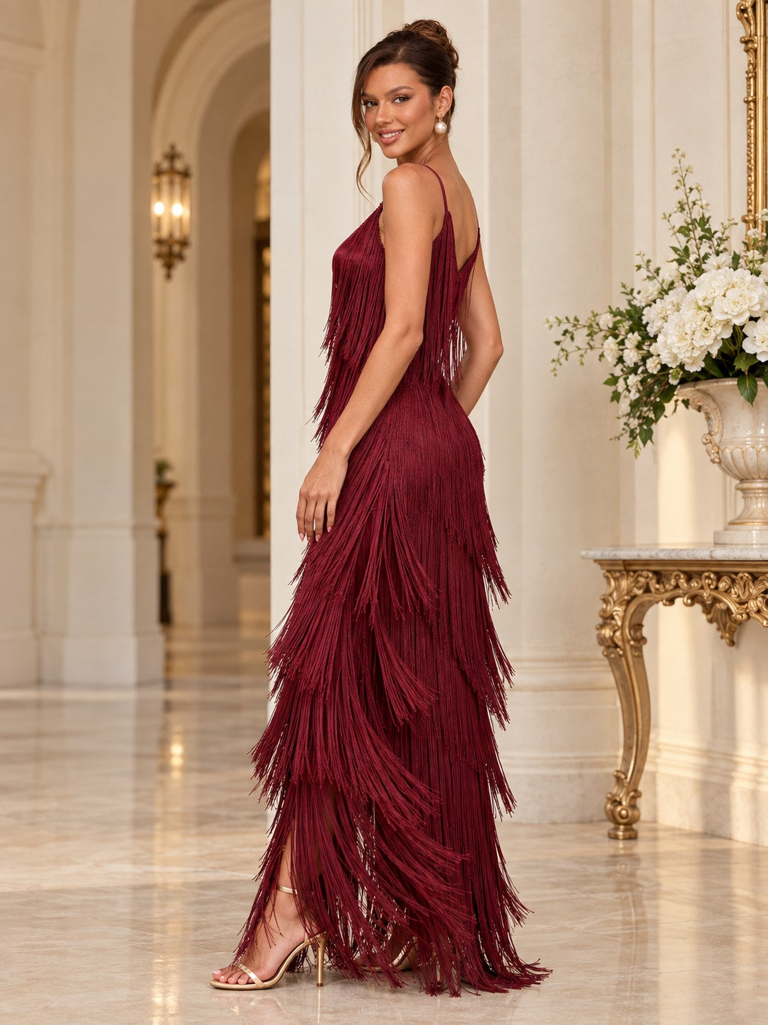 Wine Red Fringe Maxi Dress for Party & Evening