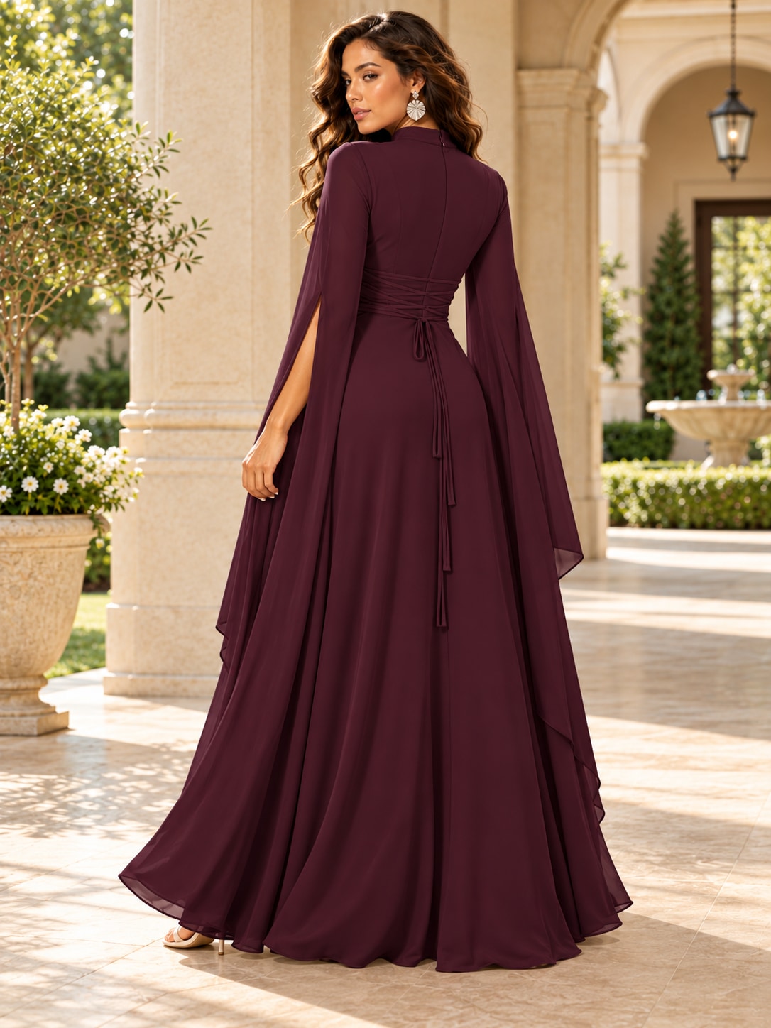 Wine Red Cape Sleeve Cutout Maxi Dress for Formal Parties