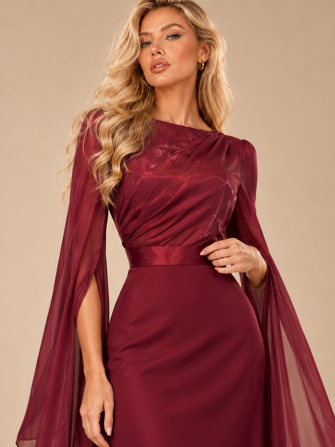 Wine Red Satin Cape Sleeve Maxi Dress for Weddings & Gala