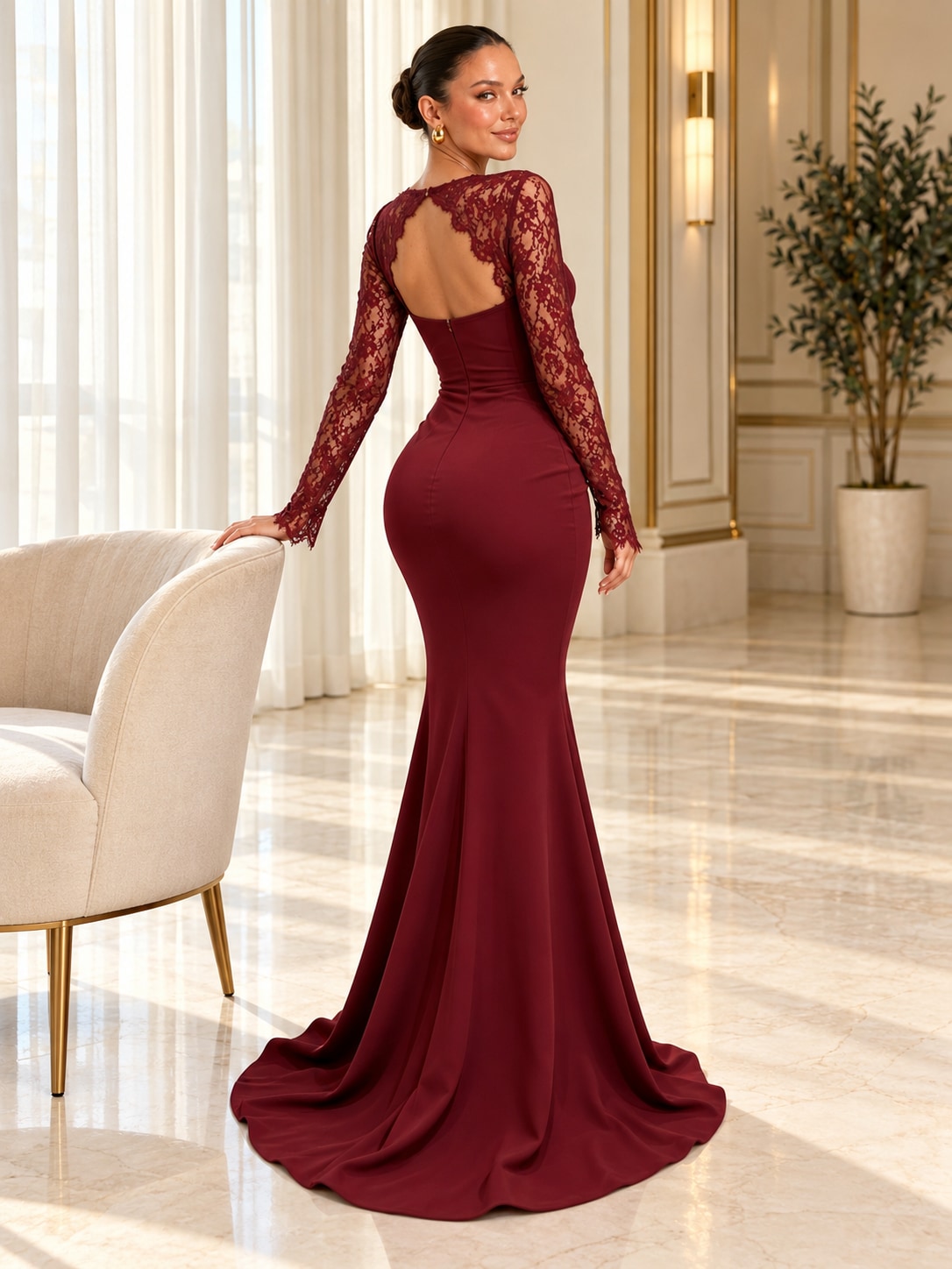Wine Red Lace Sleeve Mermaid Gown for Formal & Wedding
