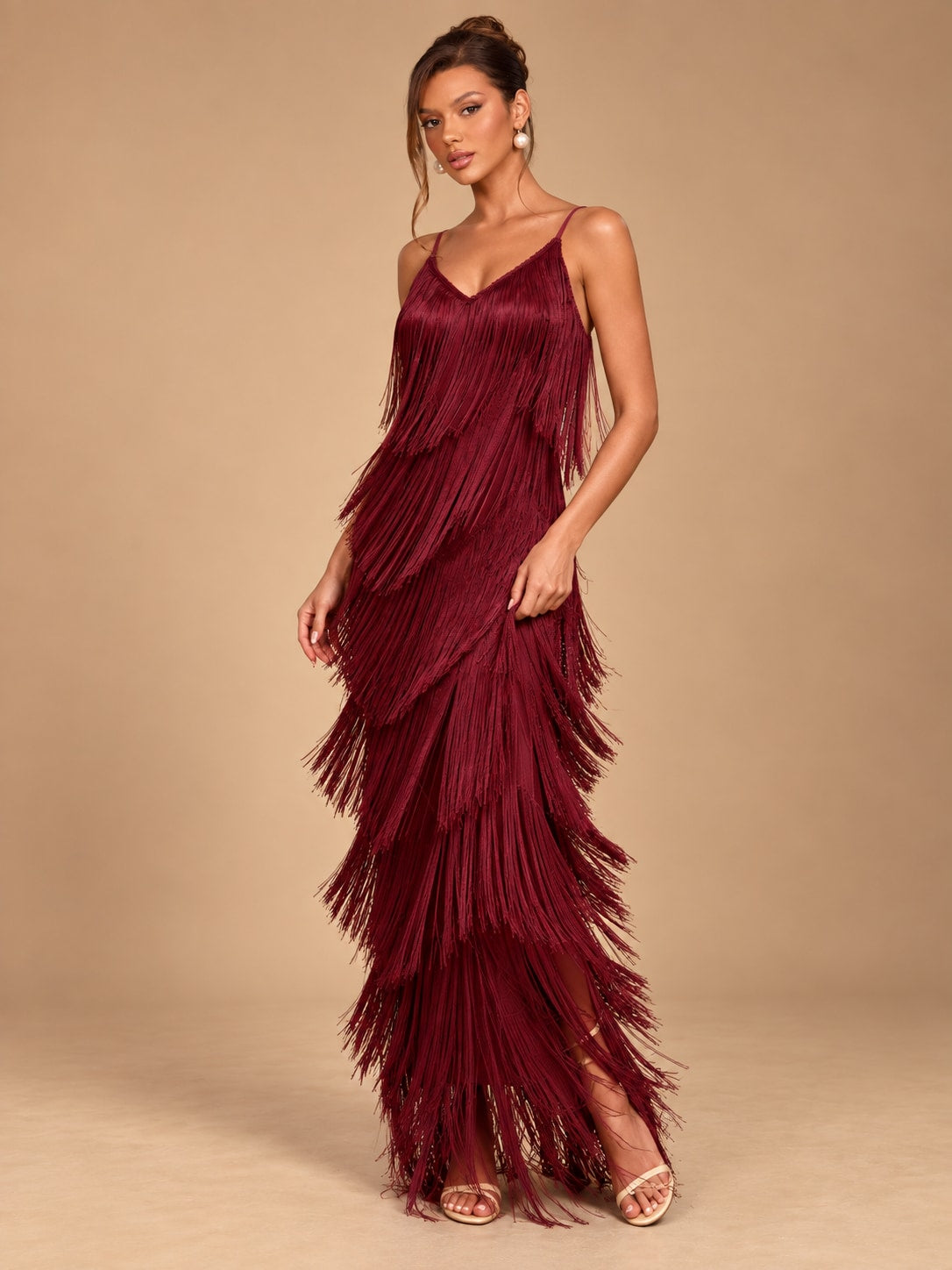 Wine Red Fringe Maxi Dress for Party & Evening