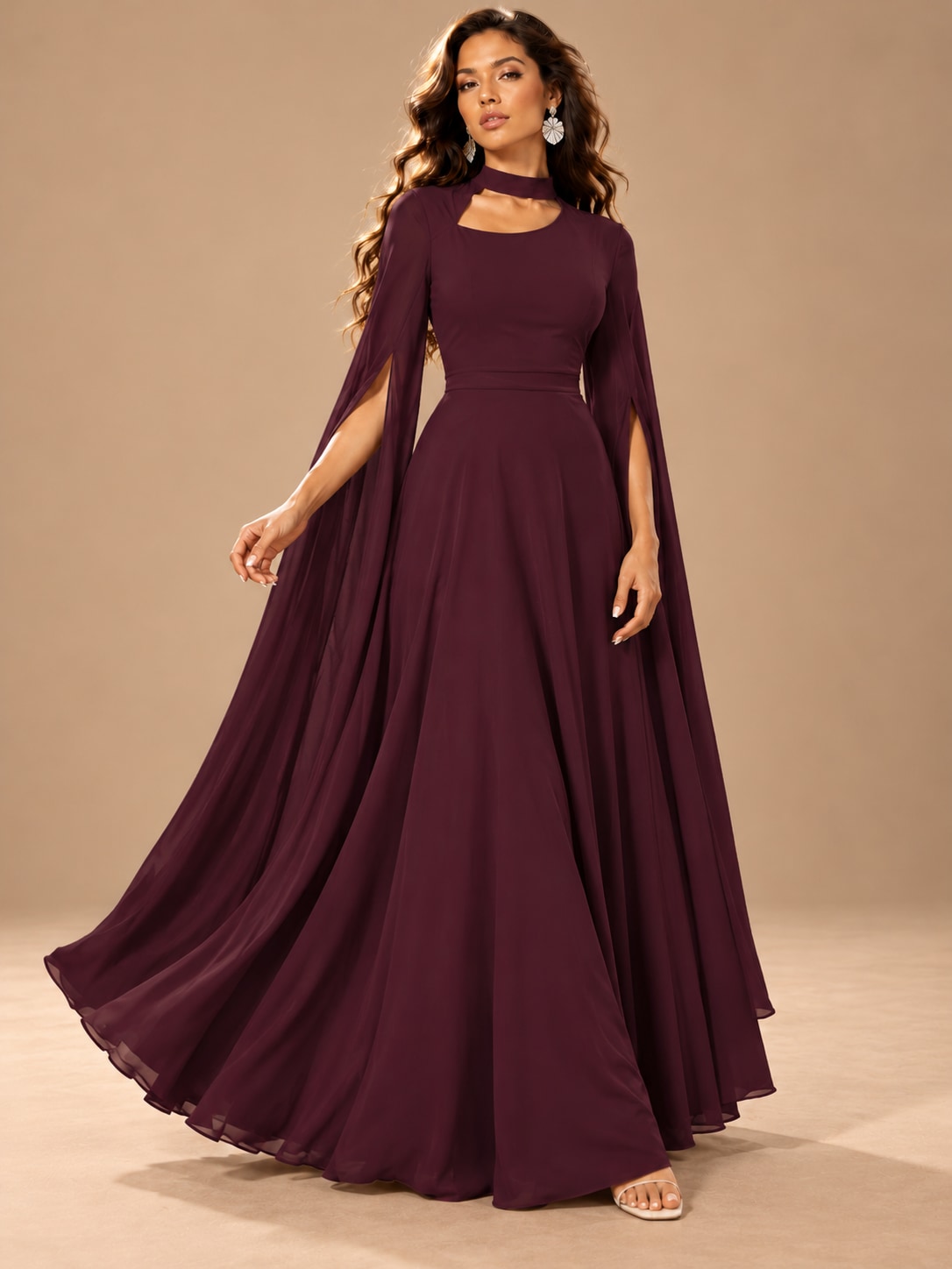 Wine Red Cape Sleeve Cutout Maxi Dress for Formal Parties