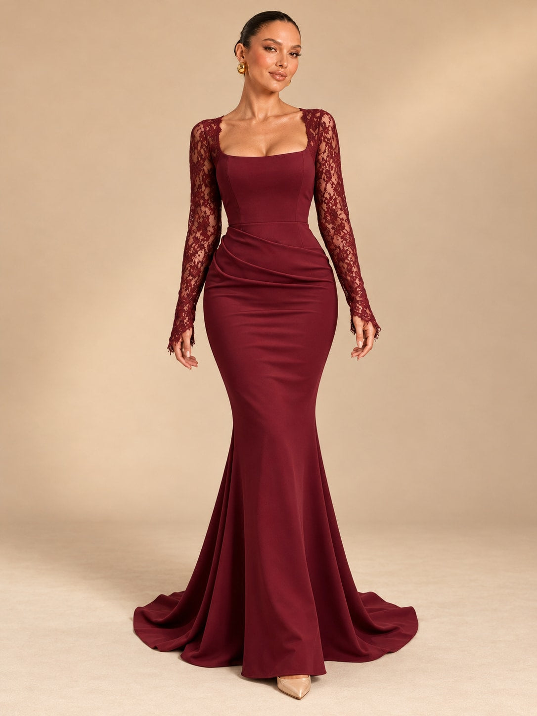 Wine Red Lace Sleeve Mermaid Gown for Formal & Wedding