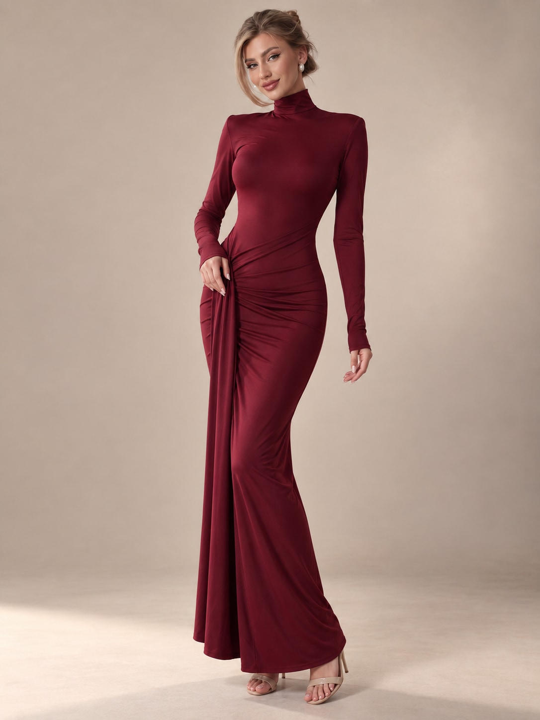 Wine Red Mock Neck Ruched Maxi Dress for Formal Events