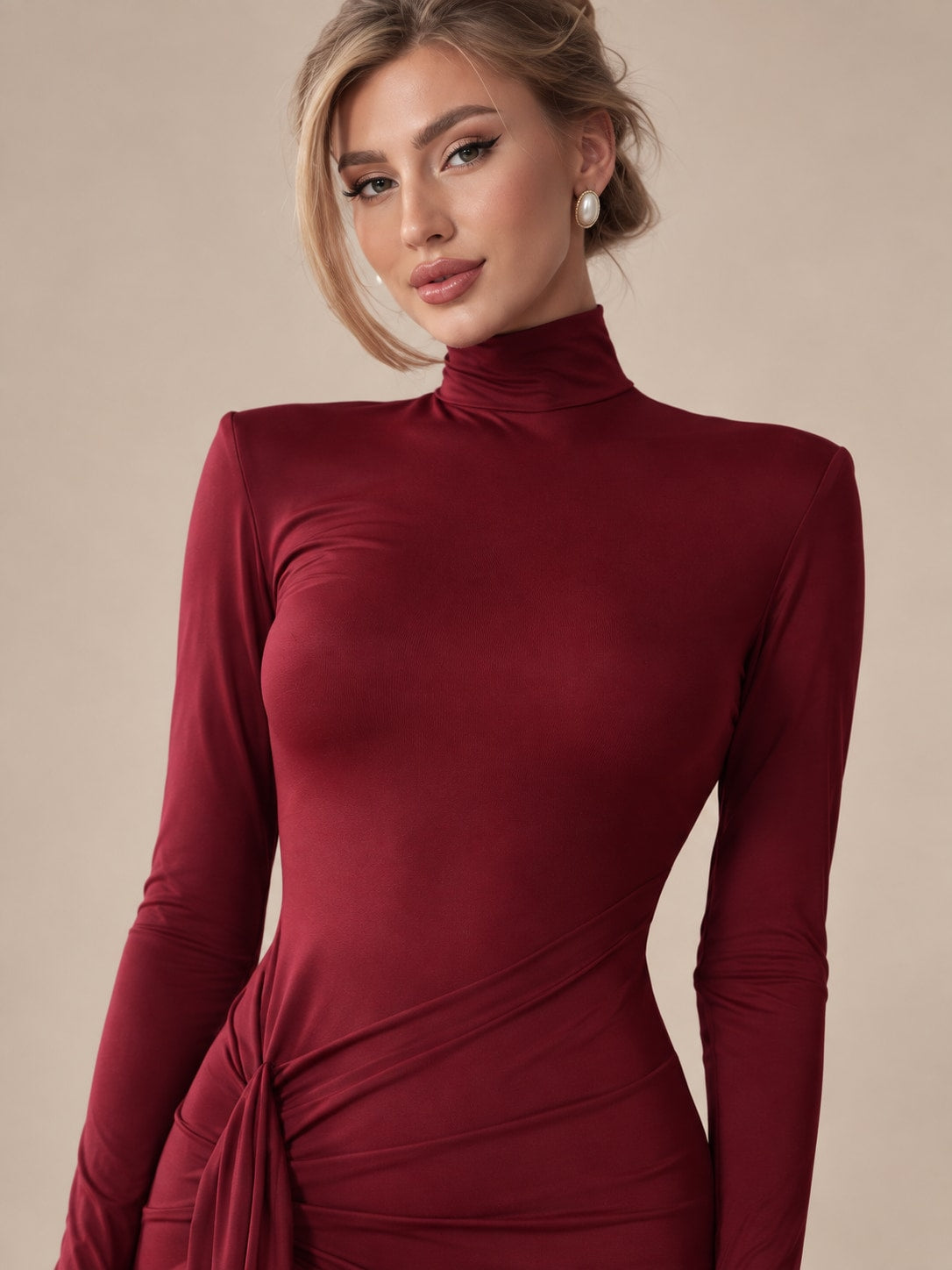 Wine Red Mock Neck Ruched Maxi Dress for Formal Events