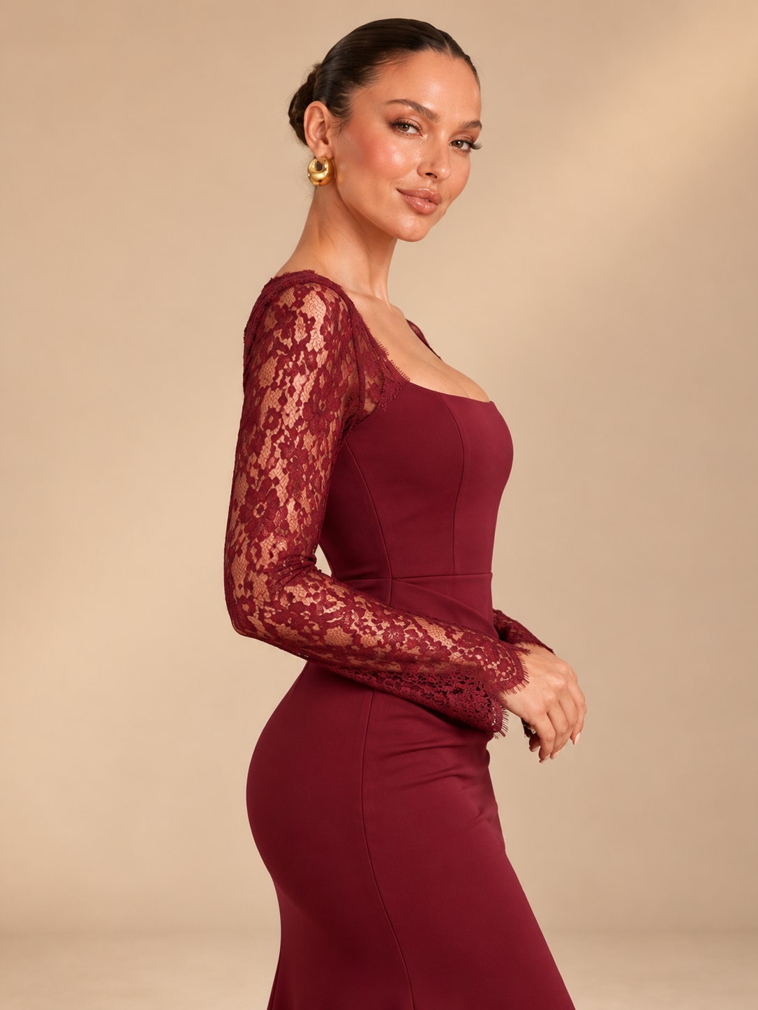 Wine Red Lace Sleeve Mermaid Gown for Formal & Wedding