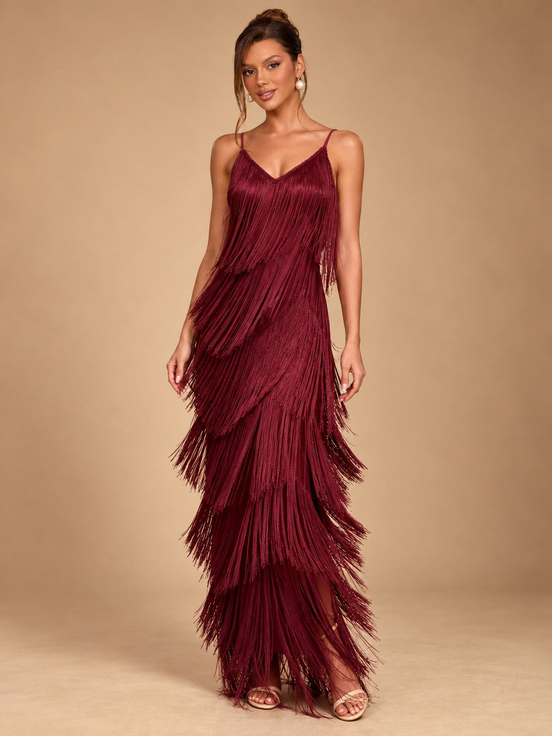 Wine Red Fringe Maxi Dress for Party & Evening