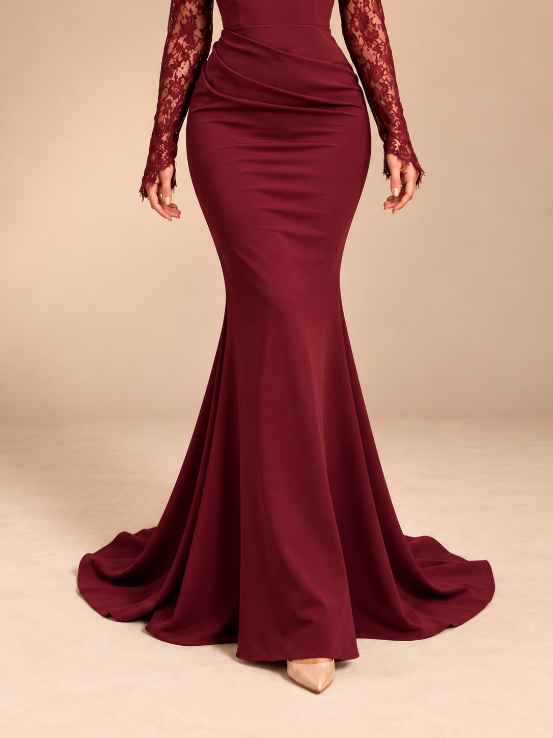 Wine Red Lace Sleeve Mermaid Gown for Formal & Wedding