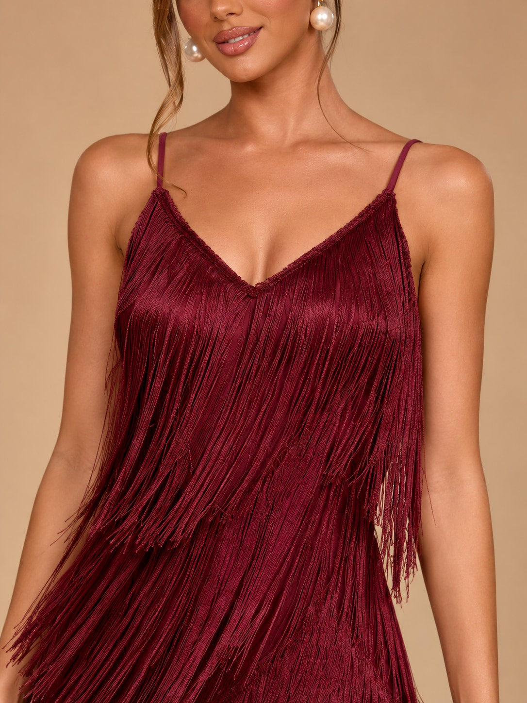 Wine Red Fringe Maxi Dress for Party & Evening