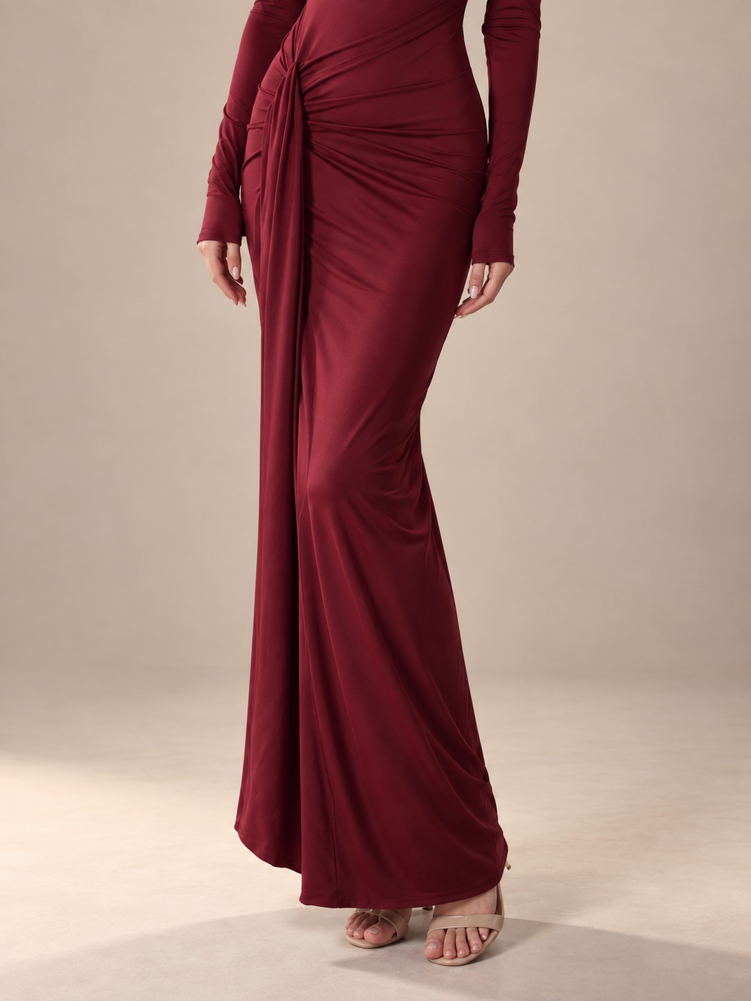 Wine Red Mock Neck Ruched Maxi Dress for Formal Events