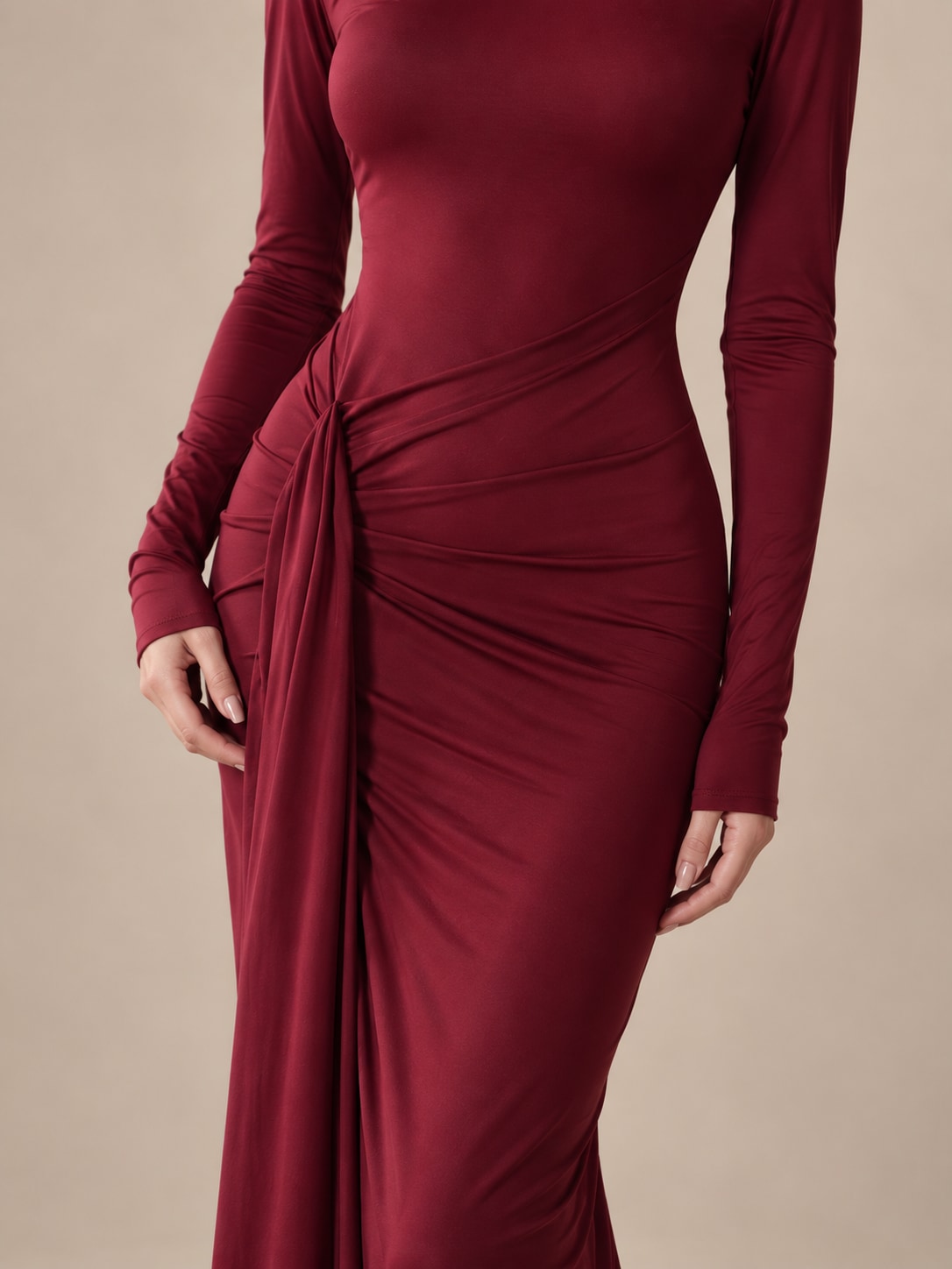 Wine Red Mock Neck Ruched Maxi Dress for Formal Events