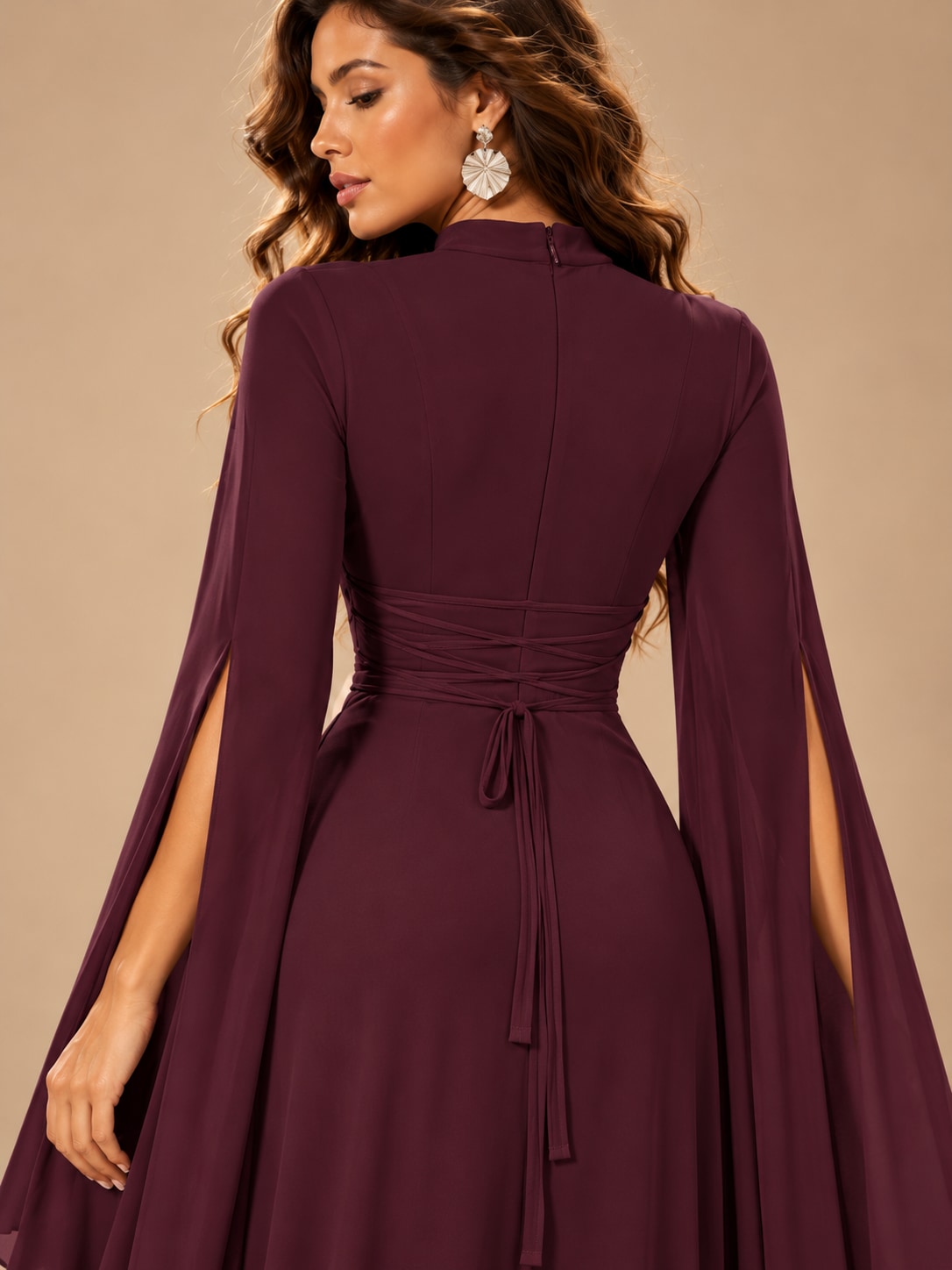 Wine Red Cape Sleeve Cutout Maxi Dress for Formal Parties