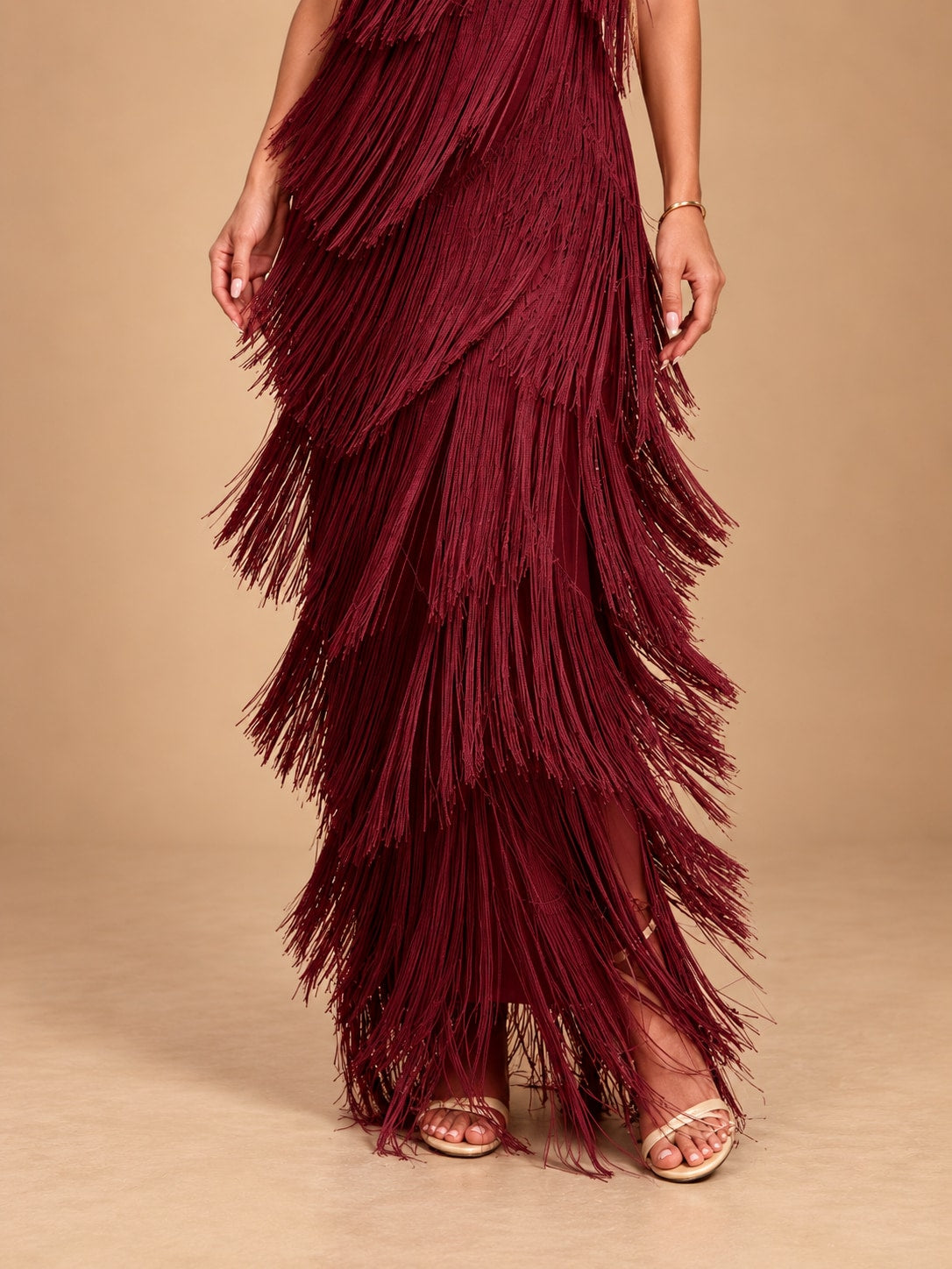 Wine Red Fringe Maxi Dress for Party & Evening