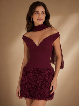 KoKodress Deep V-Neck 3D Rose Mini Dress with Cape for Cocktail