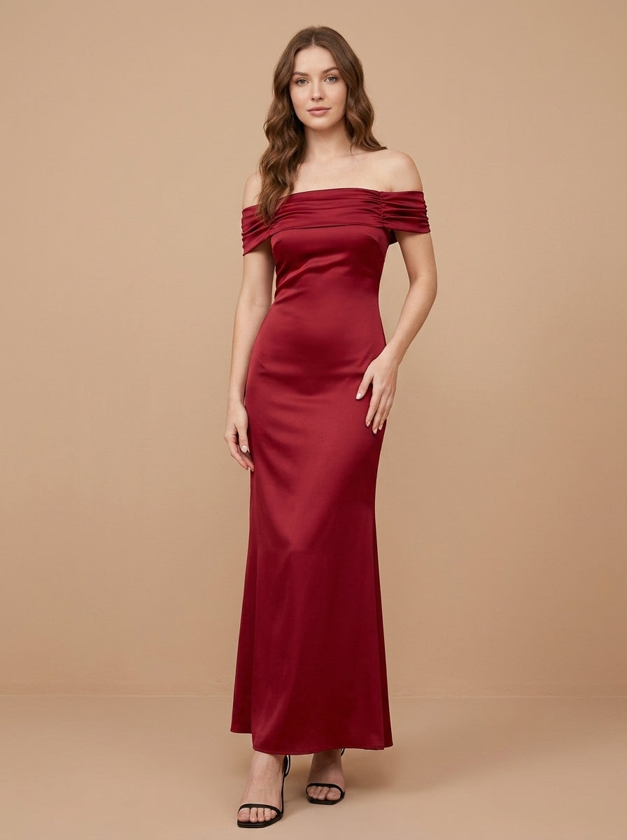 Kokodress Satin Off-Shoulder Ruched Maxi Dress for Formal Events