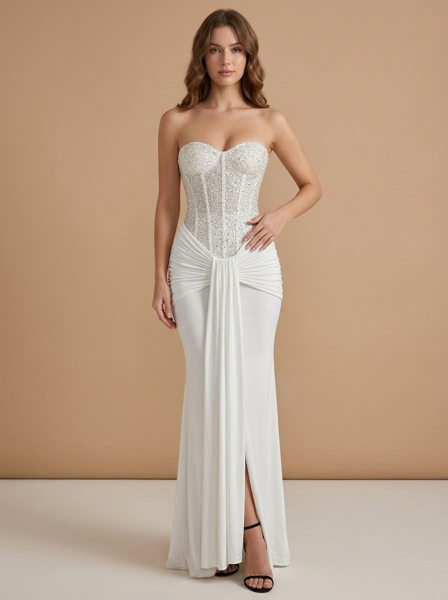 Kokodress Beaded Corset Sweetheart Maxi Dress with Slit for Formal