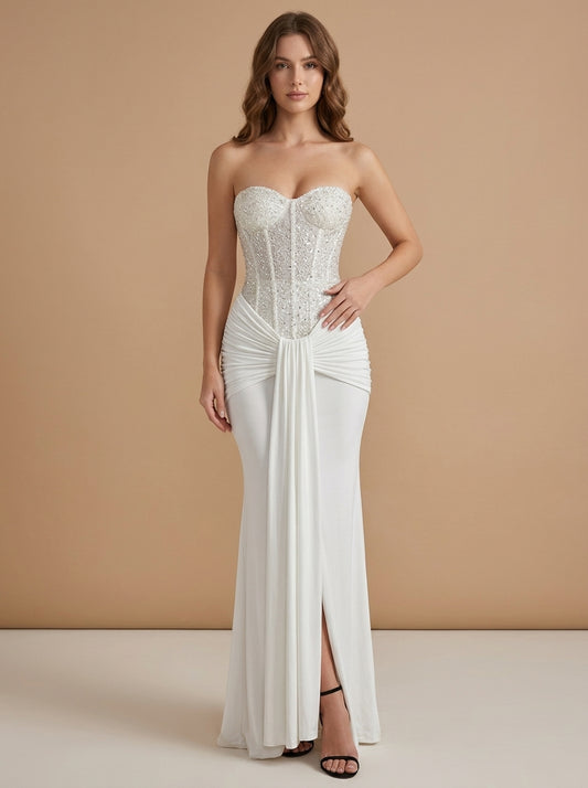 Kokodress Beaded Corset Sweetheart Maxi Dress with Slit for Formal