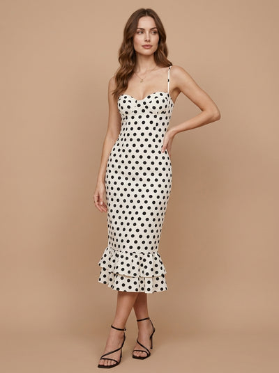 Kokodress Cream Polka Dot Sweetheart Spaghetti Strap Ruffle Midi Dress for Party