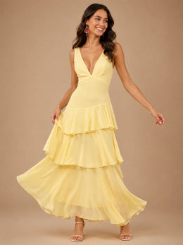 KoKodress V-Neck Spaghetti Strap Ruffle Maxi Dress for Wedding Guest