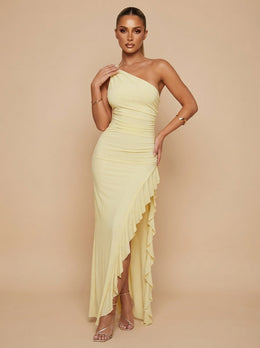 KoKodress One-Shoulder Ruched Ruffled Maxi Dress for Wedding Guest