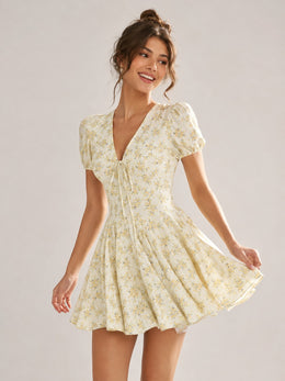 KoKodress Floral Deep V-Neck Puff Sleeve Mini Dress for Vacation