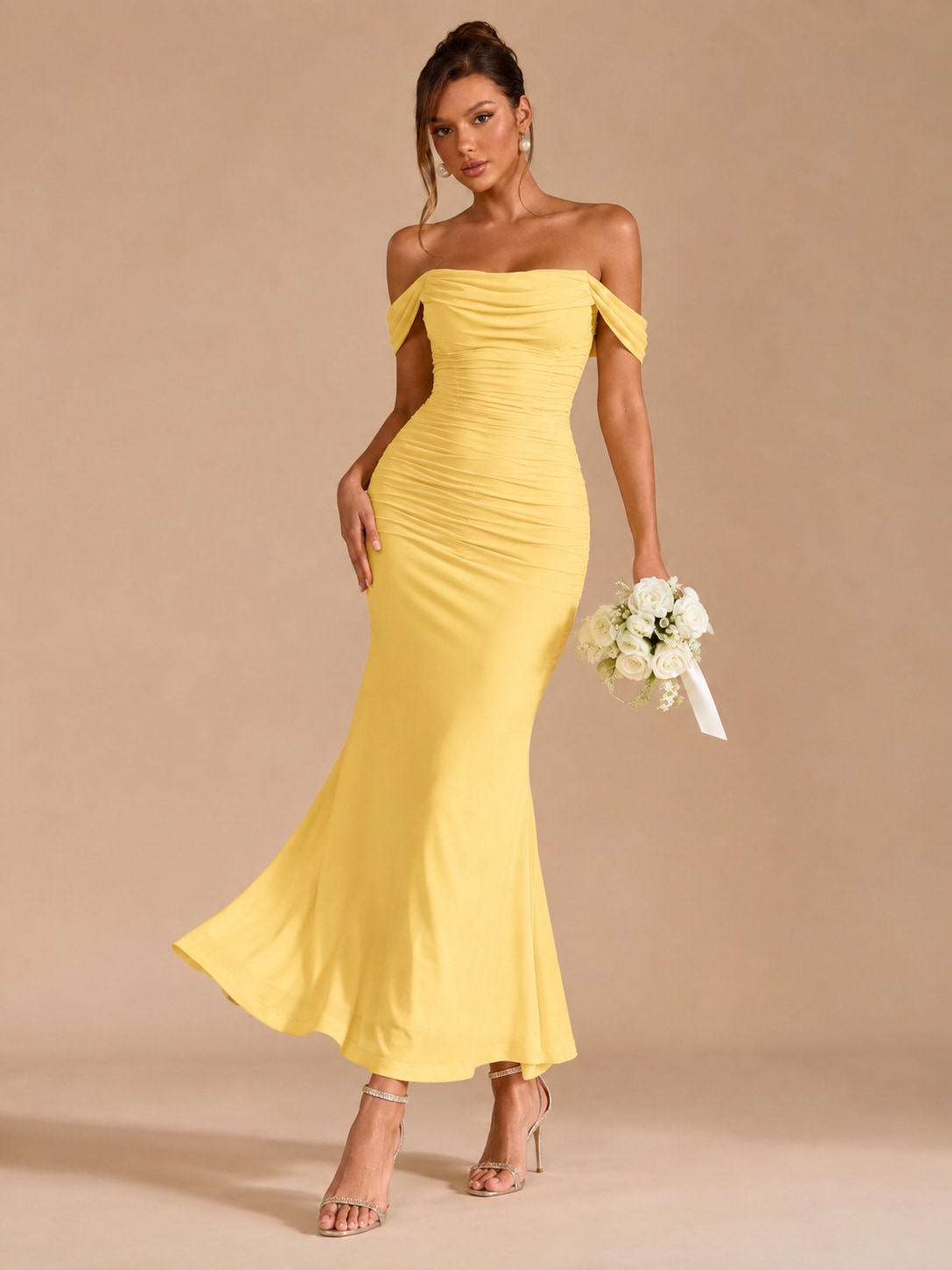 Yellow Teal Ruched Mermaid Maxi Dress for Wedding Guest