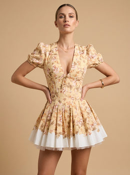 KoKodress Floral Puff Sleeve Corset Mini Dress for Vacation