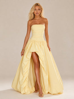KoKodress Yellow Strapless Ruched High-Slit Maxi Dress for Gala